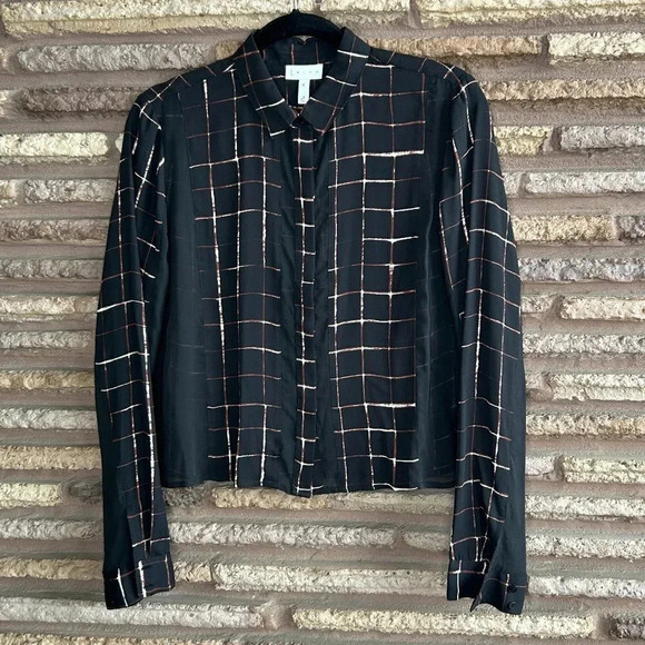 Leith Black Windowpane Plaid Sheer Panel Blouse Size Medium - Picture 1 of 6